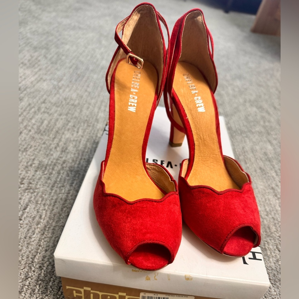 Chelsea Crew Red Peep-Toe Heels